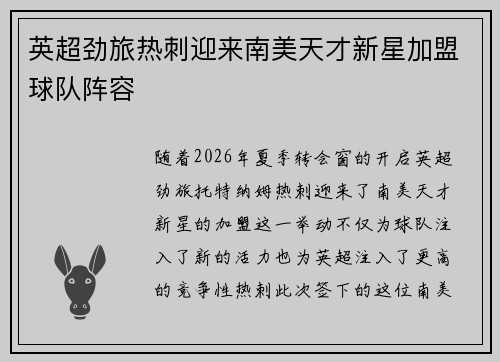 英超劲旅热刺迎来南美天才新星加盟球队阵容 英超劲旅热刺迎来南美天才新星加盟球队阵容